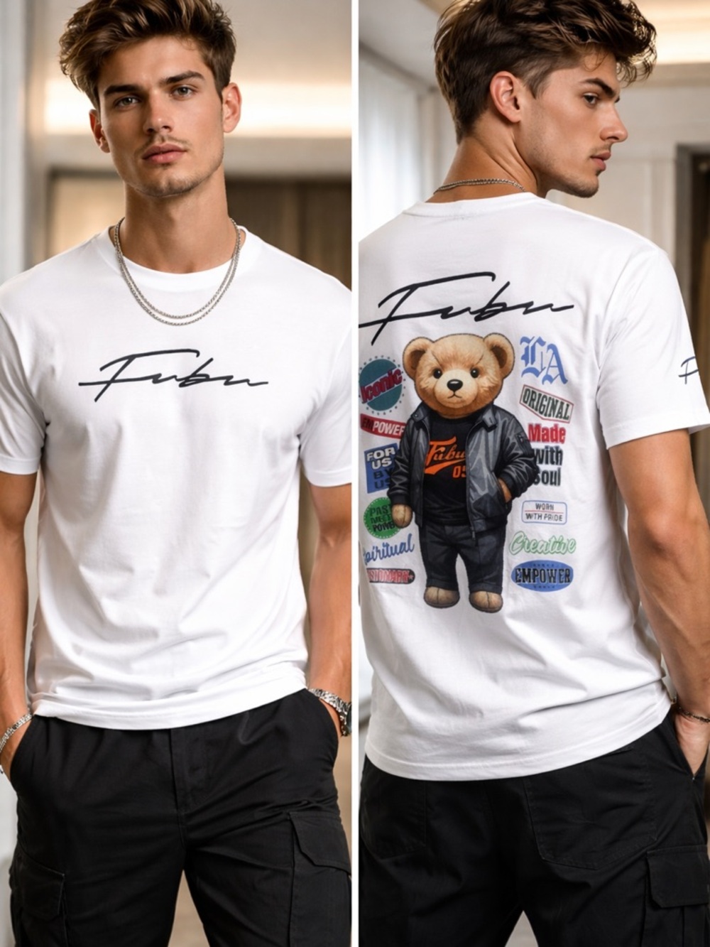 FUBU White Short-Sleeve Tee with Teddy Back Graphic